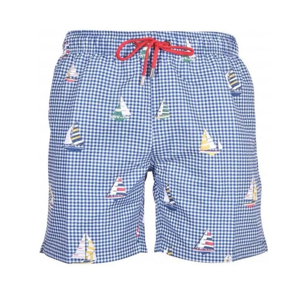 Franks Seersucker Gingham White and Blue Sailboat Swim Trunks